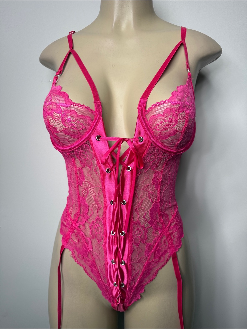 Women's Hot Pink Lace Lace-Up Bodysuit